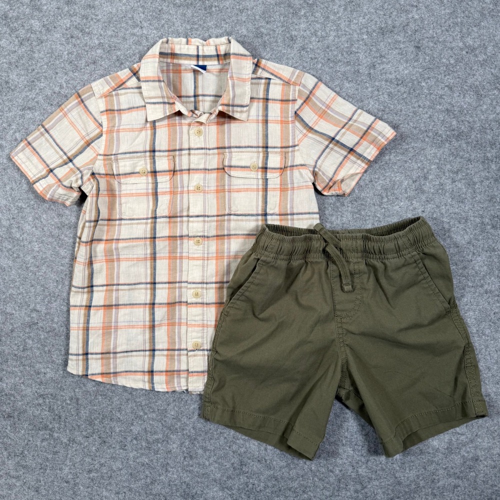 Boys Summer Outfit Set Plaid Shirt + Green Shorts Size 5T/XS 4-5 EUC